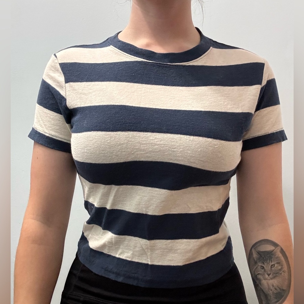 Striped Navy and Cream Linen Baby Tee